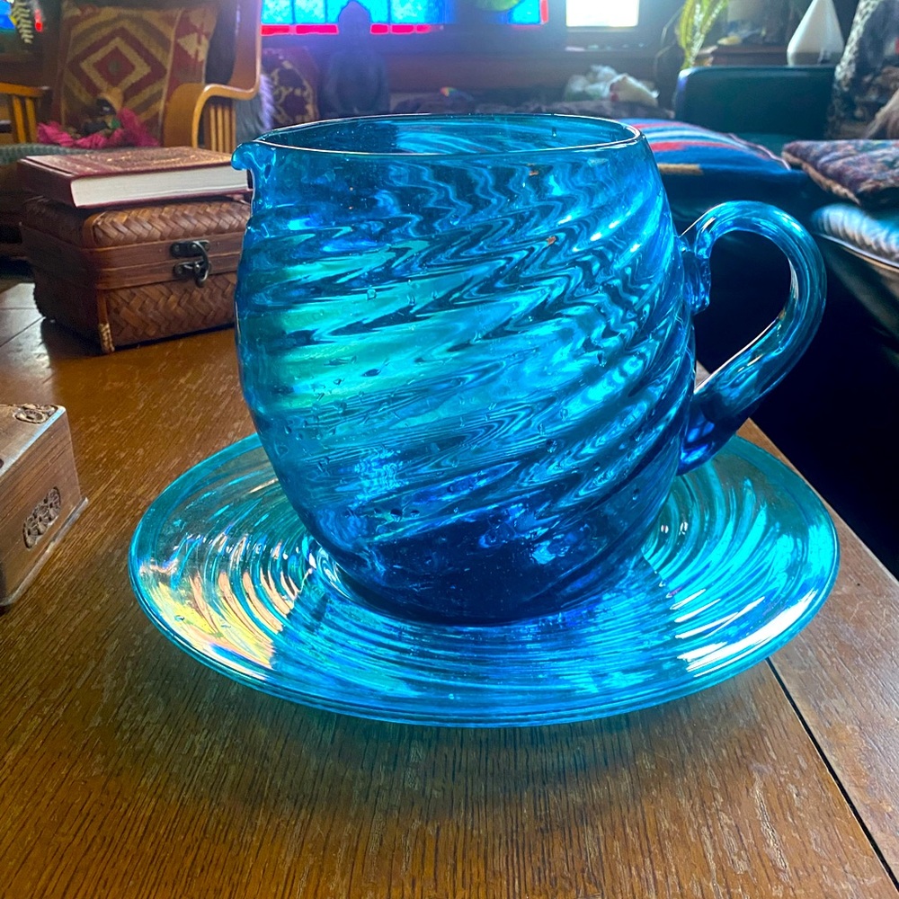 Large  Azure Turquoise 
Swirl Handblown Art Glass Water Pitcher With  Platter